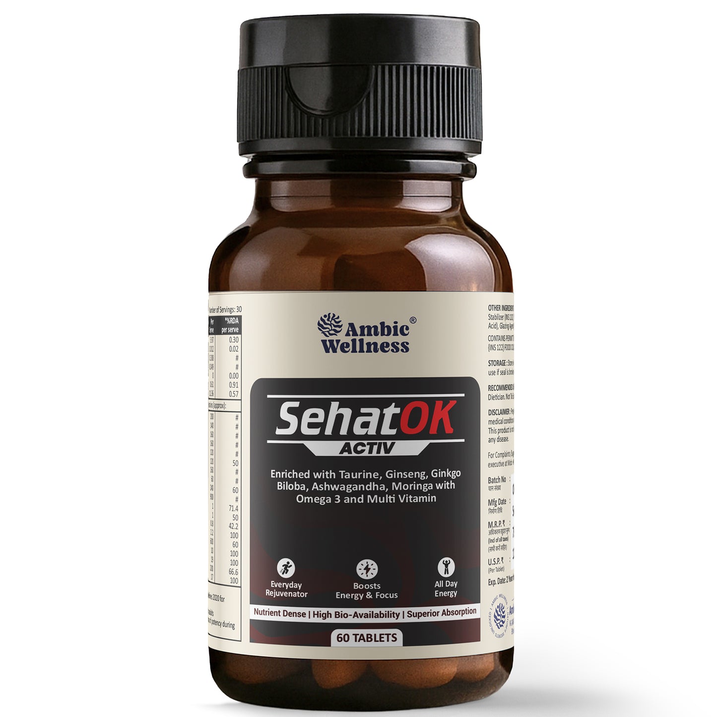 Ambic Wellness SehatOK Activ Daily Energy, Focus & Immunity Booster Tablets | With Taurine, Ginseng, Omega-3, Ashwagandha & Multivitamins