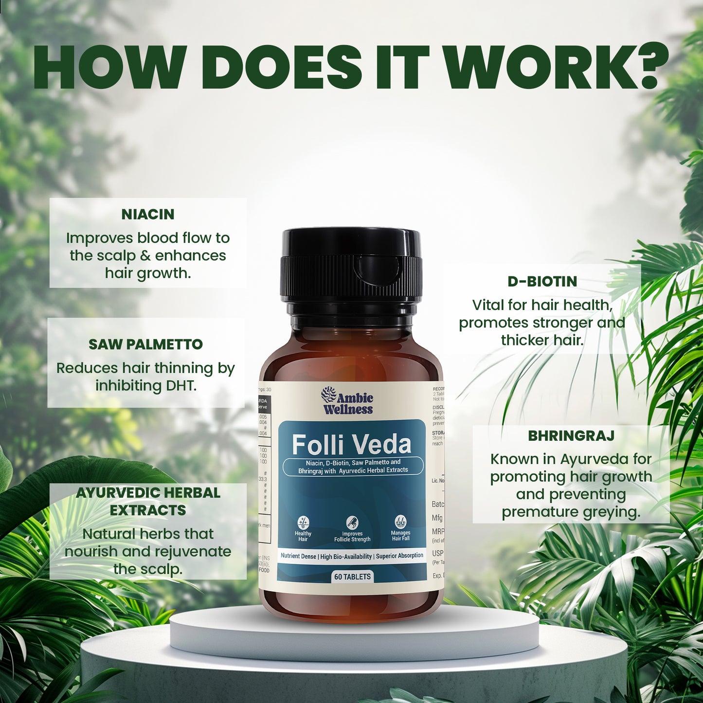 Ambic Wellness Folliveda Hair Supplement for Men & Women I India's 1st DHT Balancer Not DHT Blocker Biotin Tablet for Hair Growth with Saw Palmetto, Folic Acid