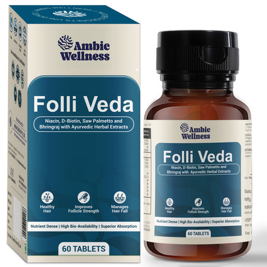 Ambic Wellness Folli Veda Hair Supplement for Men & Women I India's 1st DHT Balancer Biotin Tablet for Hair Growth with Saw Palmetto, Folic Acid